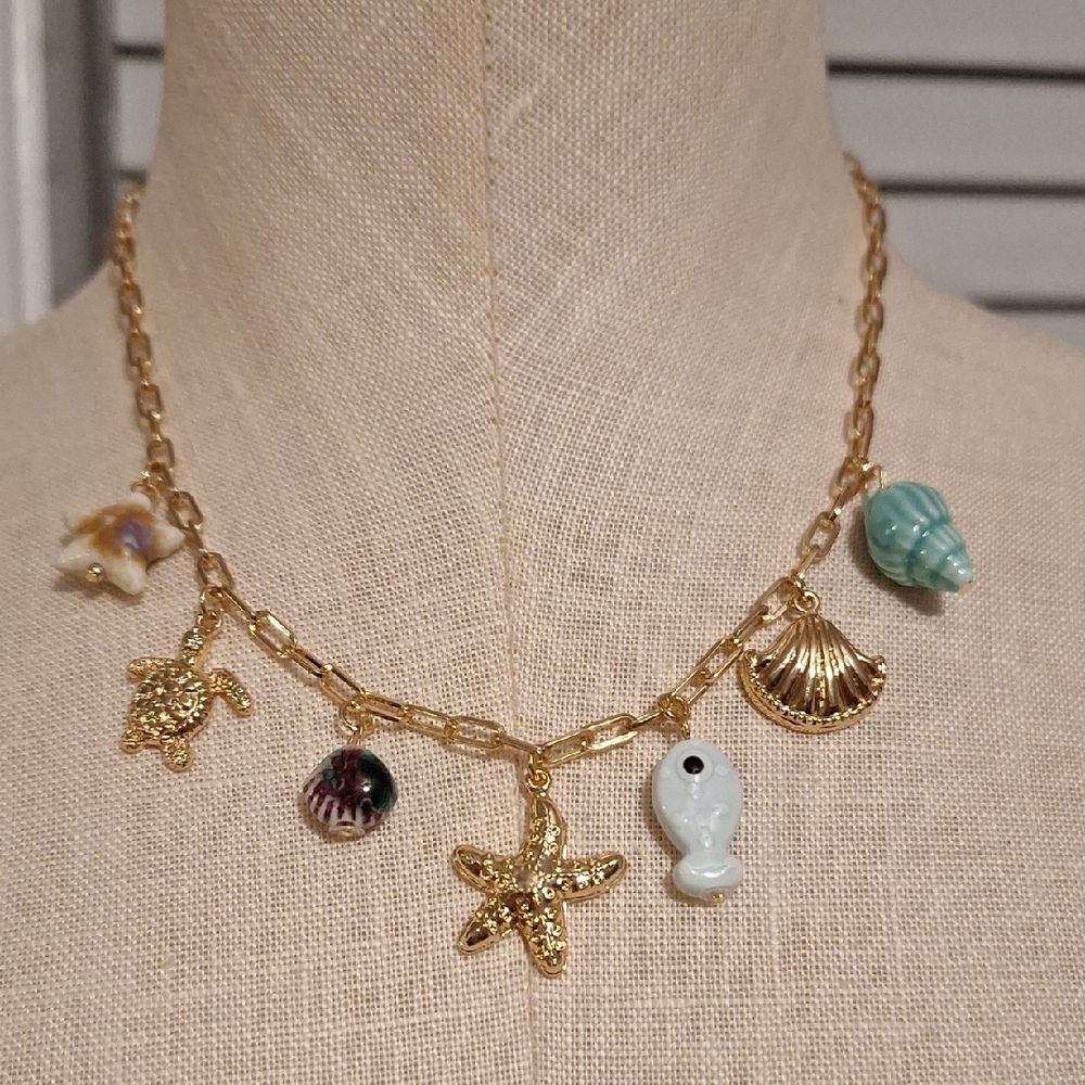 Gold Charm Necklace with Sea Life Accents